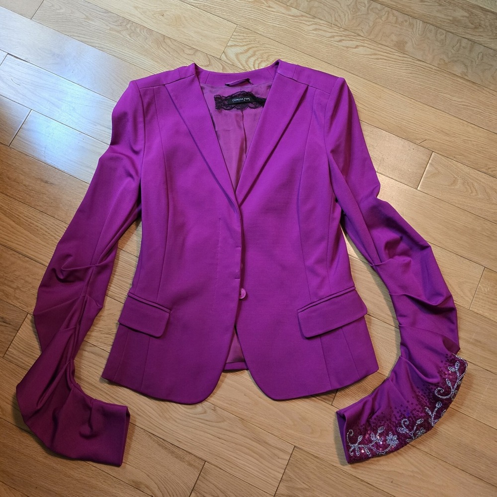 Patrizia Pepe Blazer with Peak Lapel Size 42 S/M Purple Ruched Sleeves Sequins
